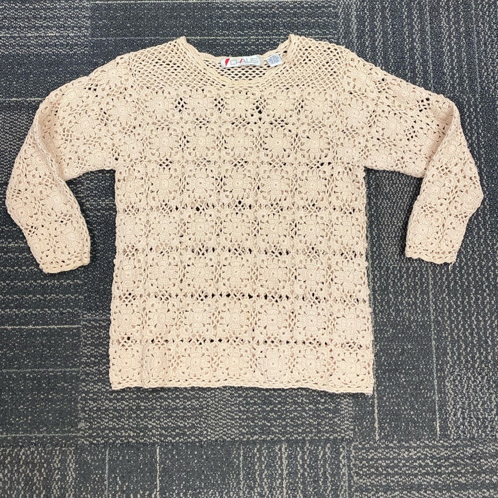 Vintage Cream Floral Crochet Grannycore Sweater Size Small